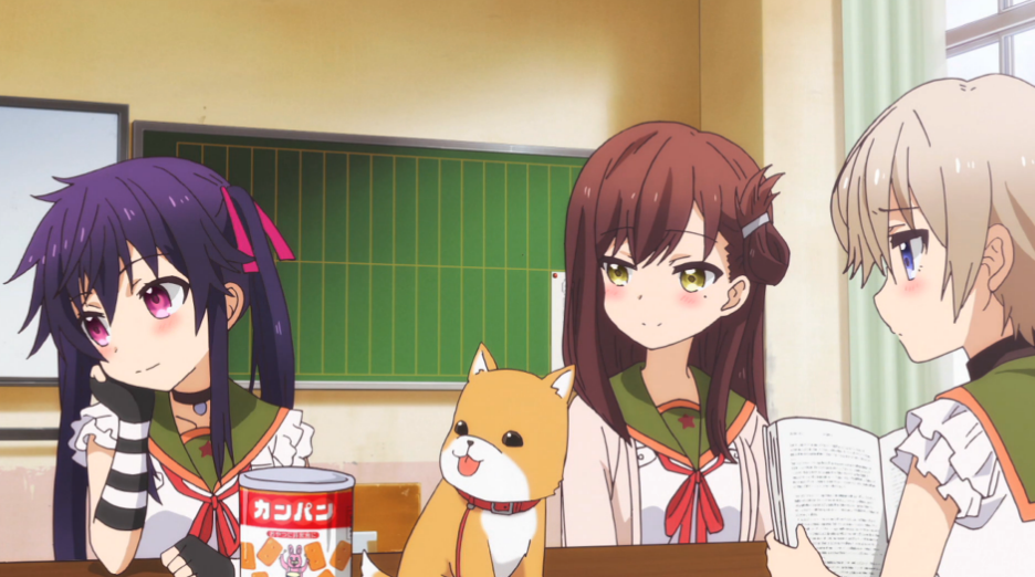 The girls in the new anime School-Live! enjoy breakfast together with the puppy