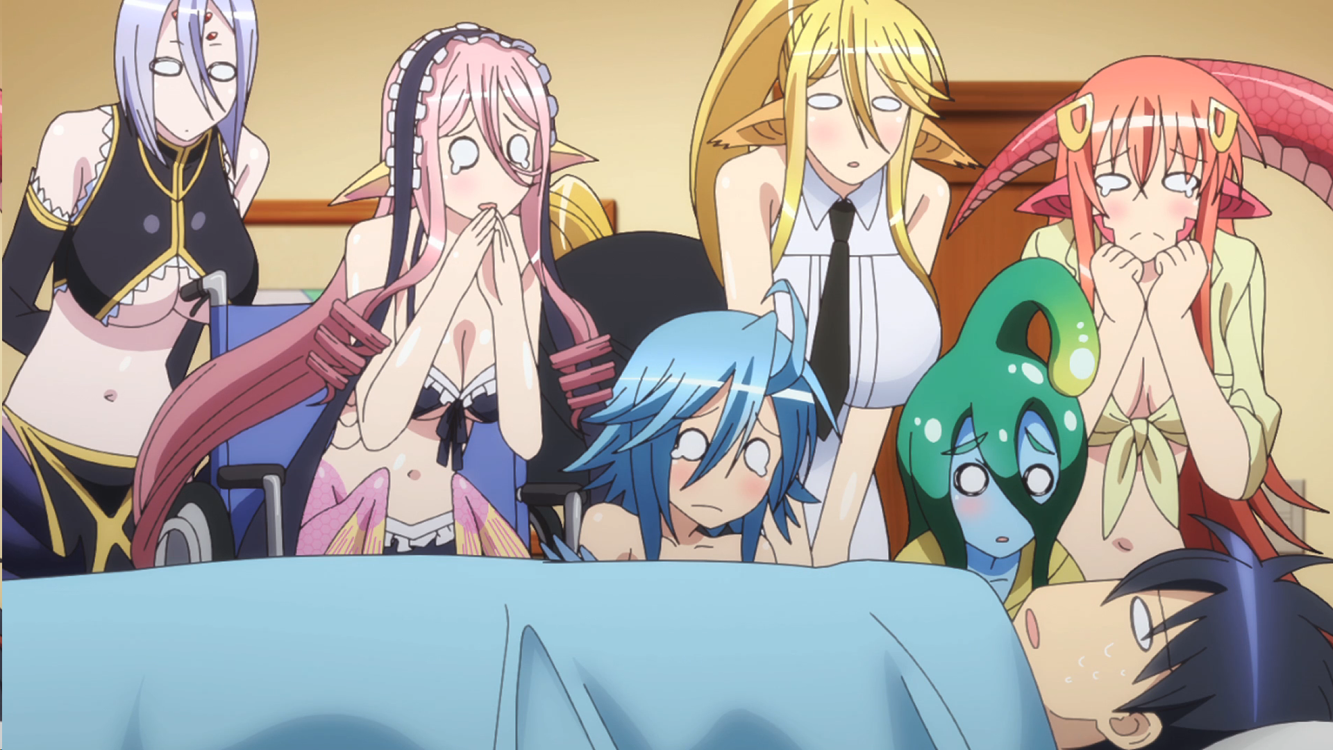 The girls of Monster Musume: Everyday Life with Monsters, take care of Kimihito while he's sick.