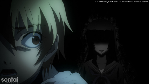 Teiichi from Dusk Maiden of Amnesia realizes in horror that Yuuko’s ghost is lurking in the shadows behind him.