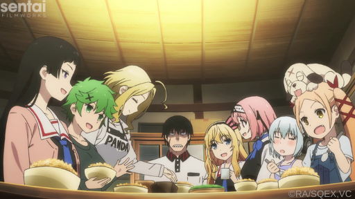 The main cast of Val x Love sit down at the table to eat.