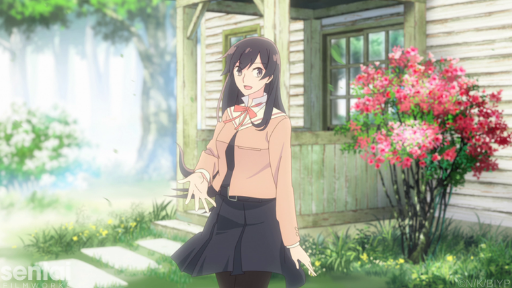 Touko beckons Yuu into the student council's room. Behind her sits a bush or short tree of red flowers.