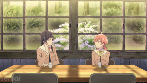 Touko gazes at Yuu as they sit in front of windows that overlook a blooming wisteria plant.