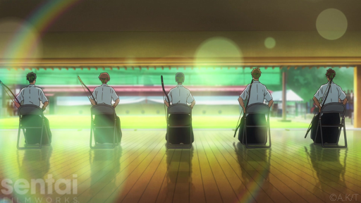 The main characters of the Tsurune anime sit facing a row of archery targets, the setting sun casting rays of beautiful light around them.