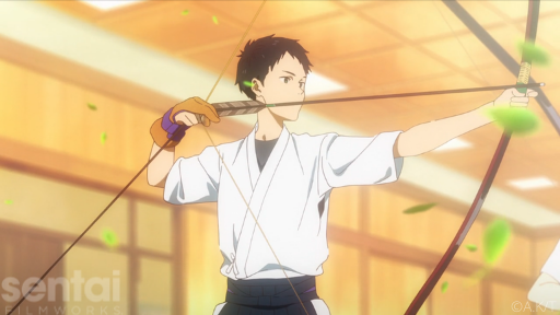 Minato from the Tsurune anime raises a bow, preparing to take a shot. Green leaves swirl around him.