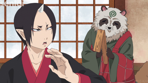 Hozuki from Hozuki's Coolheadedness looks over his shoulder at a smiling denizen of hell as he walks away from them..