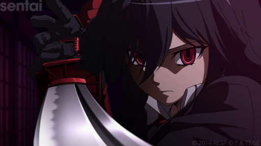 A close-up of Akame from Akame ga Kill! Akame wears an intense expression as she brandishes a sword at the viewer, her red eyes intense and hooded beneath her thick black bangs.