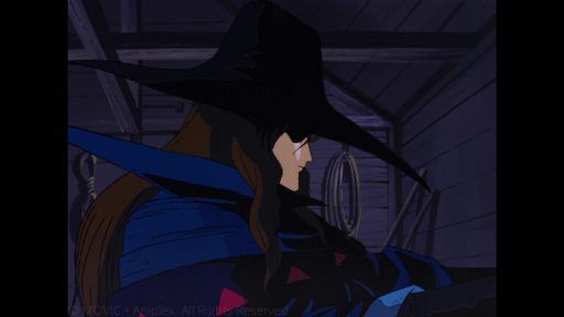 D (a charismatic vampire hunter with long brown hair, a blue cloak and a wide-brimmed black hat), stands in profile, eyes obscured by his hat.