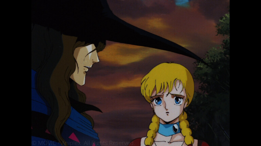 D stands in profile, his eyes shaded by the brim of his hat. Doris, a girl with blue eyes and blonde braids, stares at D with a forlorn expression.