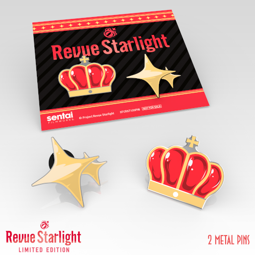 An image of two enamel pins, one of a red and gold crown and the other of a four-pointed gold star. 