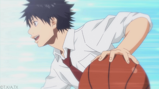 Pictured in profile against a bright blue backdrop, Sora runs while dribbling a basketball and smiling.