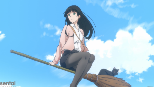 Makoto flying on her broomstick with her cat