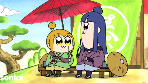 Popuko and Pipimi from Pop Team Epic are eating outdoors