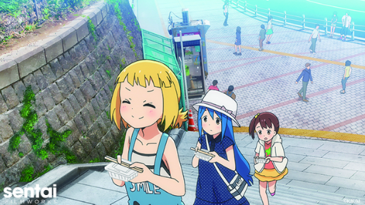 Sacchan, Kotoha, and Yui run up outdoor stairs.