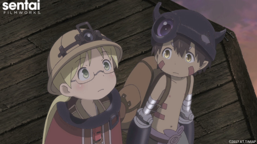Riko and Reg stand on a wooden platform deep in the Abyss.