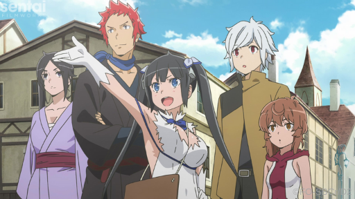 The Hestia Familia from DanMachi looks at something off-screen while Hestia extends her hand.