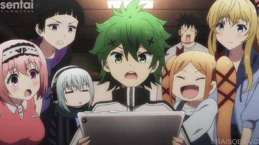 The cast of Val x Love react as they look at a tablet screen.