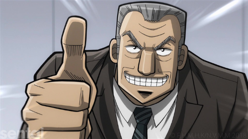 Mr. Tonegawa, a middle-aged man wearing a suit and tie, grins and gives a thumbs-up to the camera.