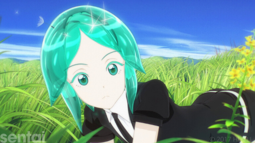 Phos from Land of the Lustrous lies in a field of grass, sunlight glinting off of their crystalline hair. The grass and sky have been rendered by traditional techniques while Phos has been rendered in CGI.