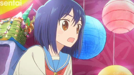 Cocona from FLIP FLAPPERS stares in shock at someone standing off-camera. She has blue hair worn in a bob and large brown eyes; the background is filled with colorful floating lanterns and a basket of seashells.