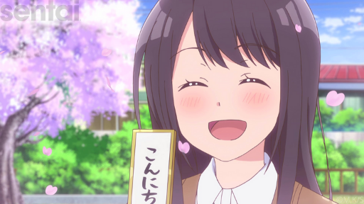 Senryu Girl’s Nanako smiles at the camera, eyes shut with happiness. She holds up a calligraphy board while sakura petals float around her.