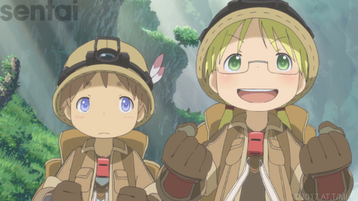 MADE IN ABYSS’ Riko stares forward in excitement, hands clenched into determined fists. Her friend eyes her with skepticism. Both wear matching tan explorer outfits, backpacks, red whistles around their necks, and hardhats with flashlights built into the front. 