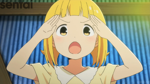 Sat-chan from Mitsuboshi Colors salutes with both hands at the same time, looking determined. She has yellow hair, bright brown eyes and wears a yellow shirt.