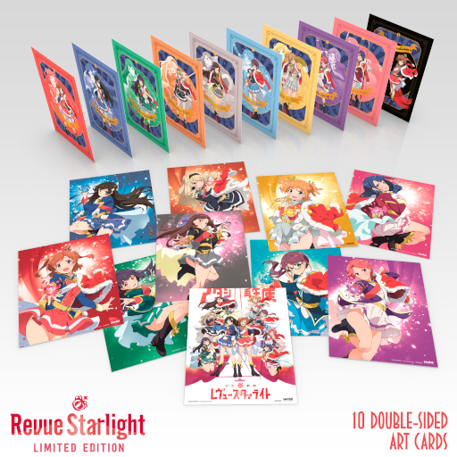10 double-sided art cards depicting the members of the main cast in their battle uniforms. Each card is a different color.