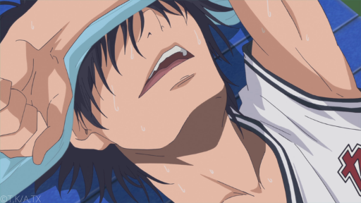 Sora lie back against a bench, exhausted. He drapes an arm over his sweat-slicked face; his eyes remain covered by a blue towel.
