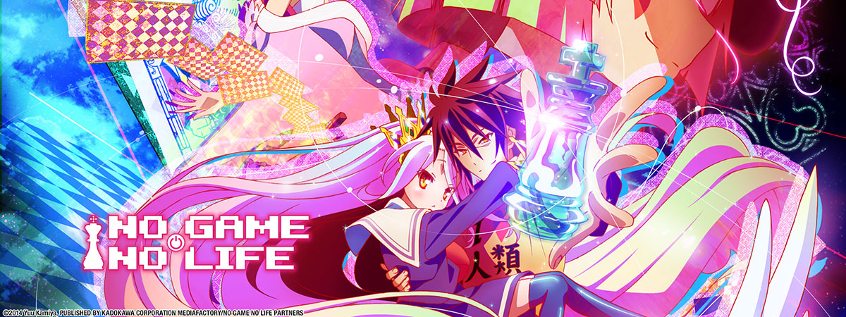 The logo and main characters from No Game, No Life.