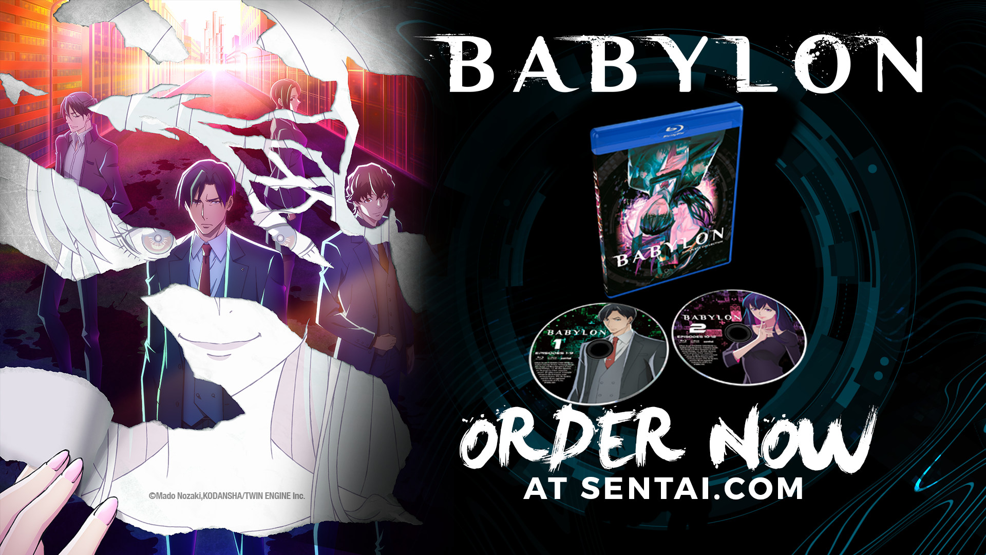 The image contains the Babylon key art featuring the main characters along with the Babylon Bluray packaging and the two discs. The text says, "Babylon" and "Order now at sentai.com"