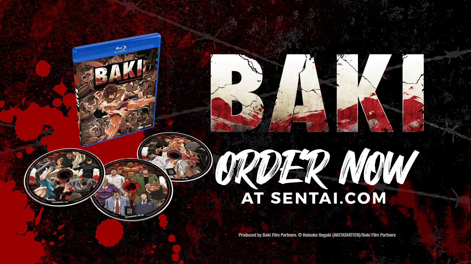 The logo, Blu-ray packaging and the three discs for Baki. The text says, "BAKI" and "Order now at sentai.com"