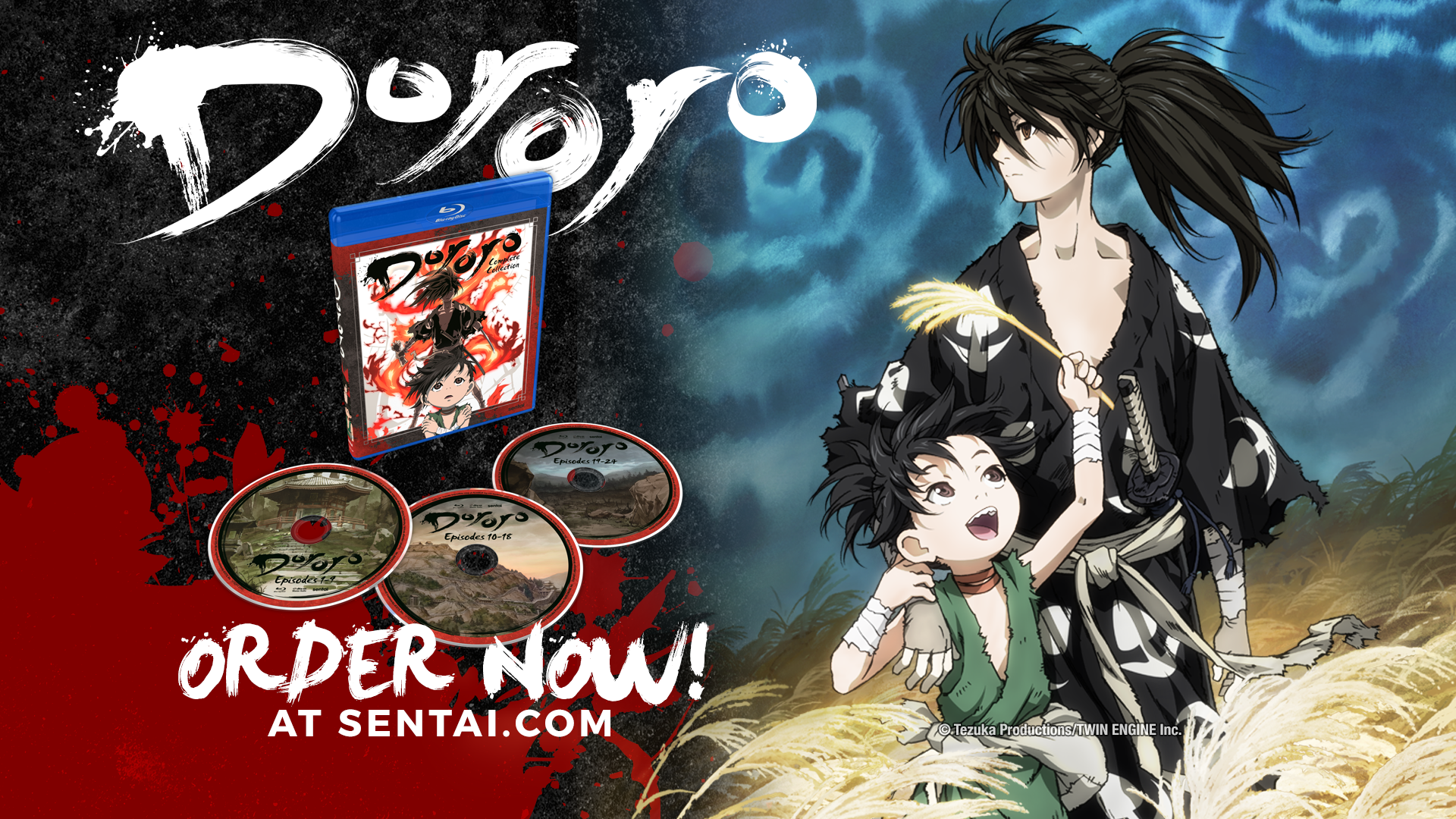 The logo, Blu-ray packaging and the three discs for Dororo. The text says, "Dororo" and "Order now at sentai.com". The characters in the image are Hyakkimaru and Dororo.