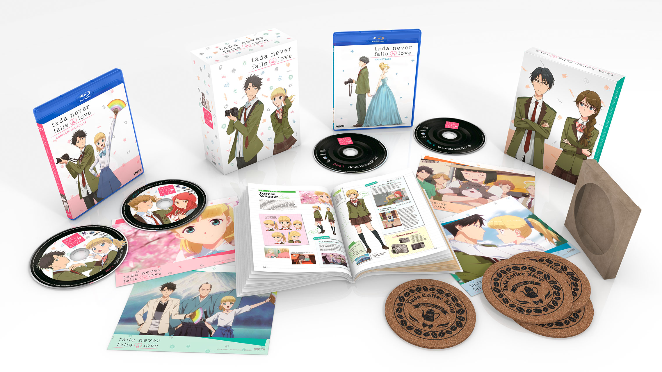 A picture of the Tada Never Falls in Love premium box set along with the Blu-ray, soundtrack, booklet, art cards and coasters.