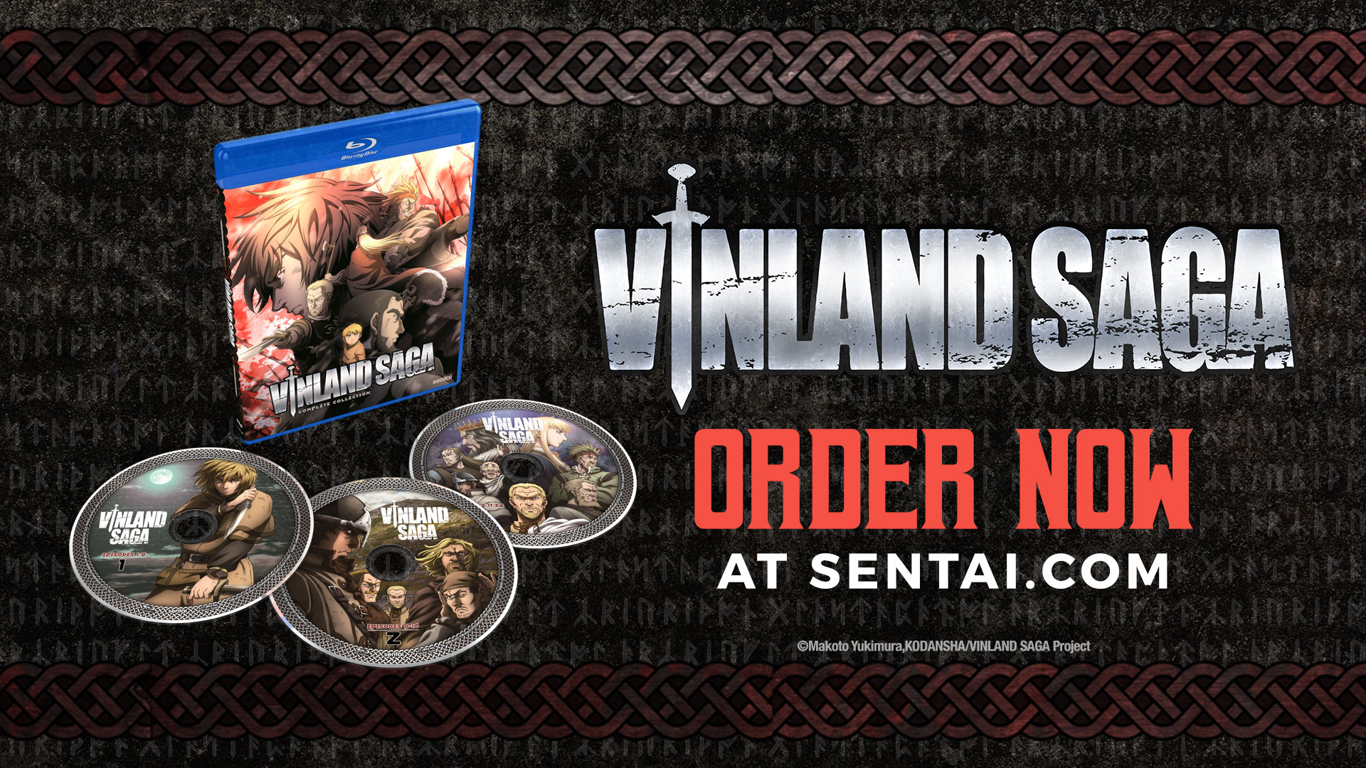 The logo and Blu-ray for Vinland Saga. The text says "Vinland Saga," and "Order now at sentai.com"