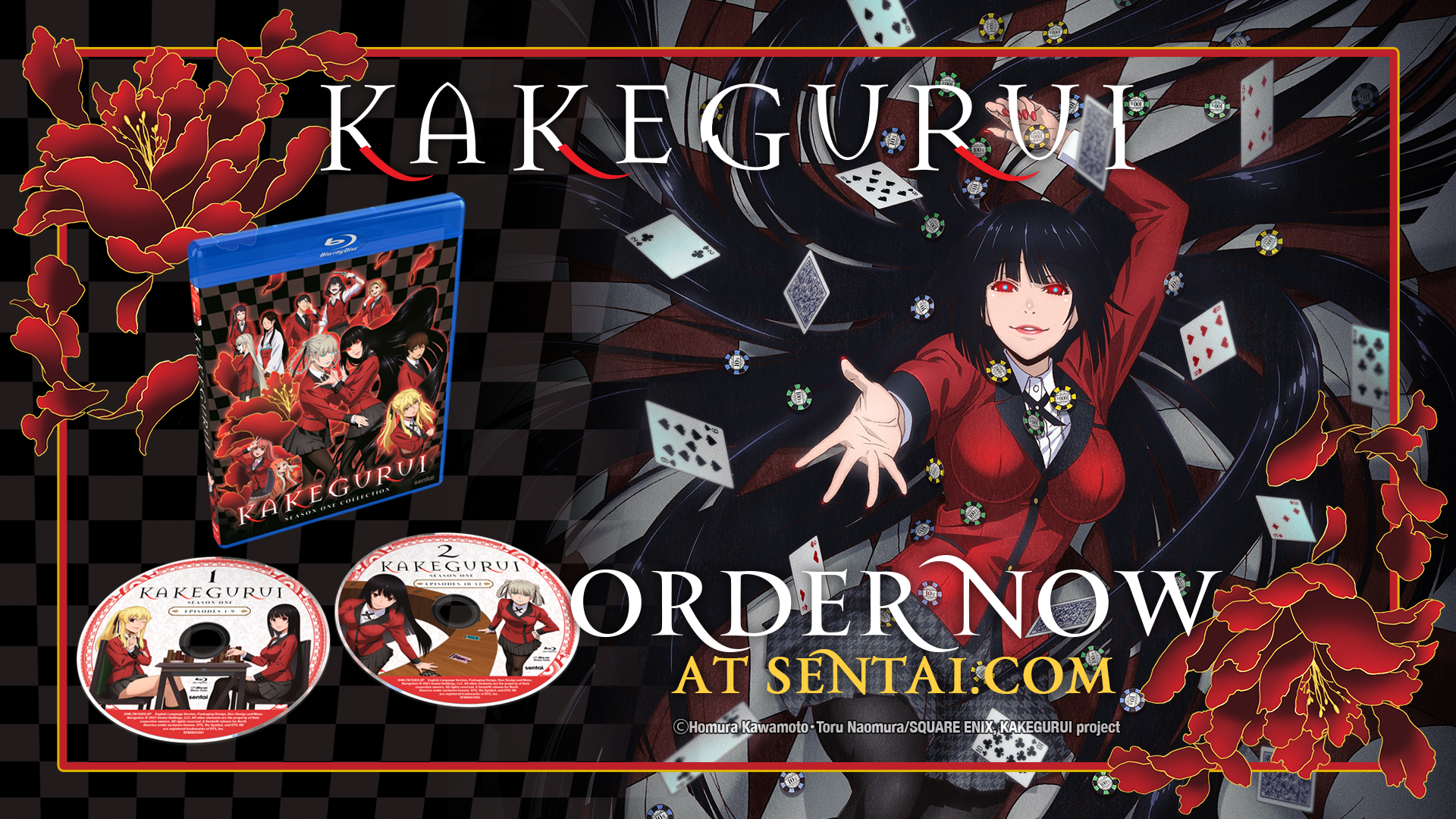 The logo and Blu-ray for Sentai's Kakegurui English dub release along with a picture of Yumeko Jabami. The text says, "Kakegurui," and "Order now at sentai.com"