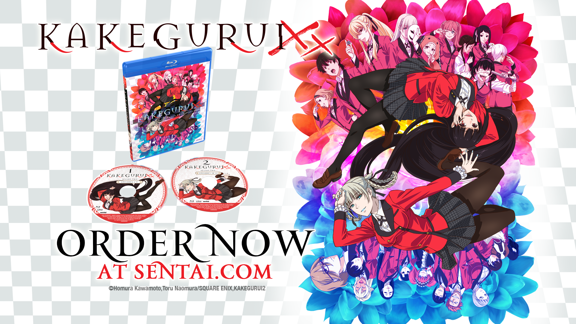 The logo and Blu-ray for Sentai's Kakegurui XX English dub release along with a picture of the cast. The text says, Kakegurui XX and Order now at sentai.com