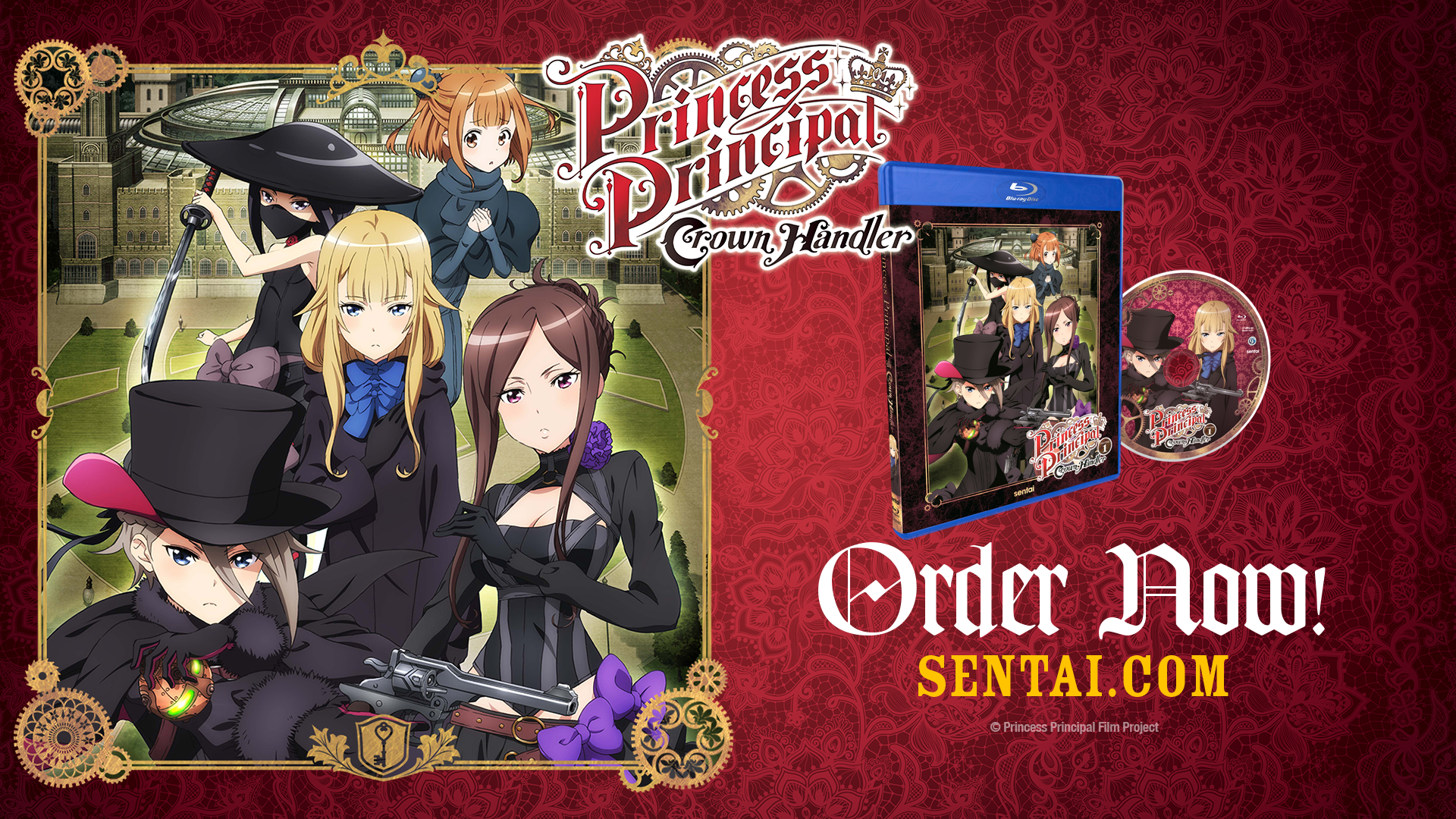 The logo and main cast of the Princess Principal Crown Handler movie and the Blu-ray packaging. The text says, "Order Now! Sentai.com"