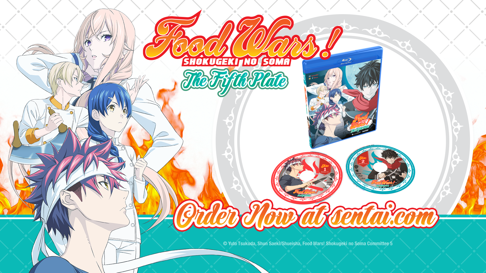 The logo for Food Wars! The Fifth Plate as well as the Blu-ray packaging and discs. The picture also features Soma, Erina, Megumi and Takumi. The text says, "Order now at sentai.com"