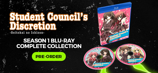 The Blu-ray discs and packaging for Student Council's Discretion Season 1. The text says, "season 1 Blu-ray complete collection," and "pre-order" 