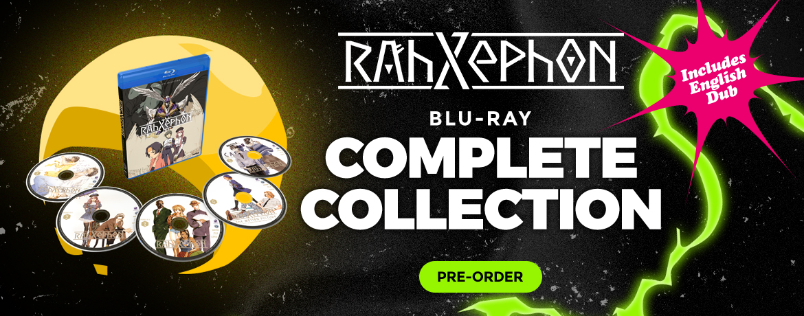 The front Blu-ray cover, discs and logo for Rahxephon Complete Collection. The text says, "Includes English Dub" and "Pre-Order."