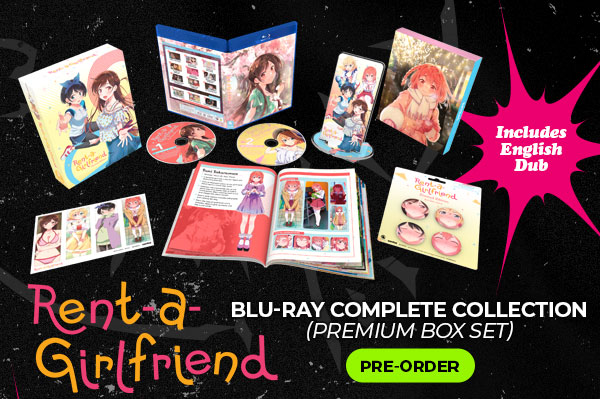 The box set and logo for Rent-a-Girlfriend limited edition. The text says, "Blu-ray complete collection (premium box set)" "Includes English dub," and "Pre-order"